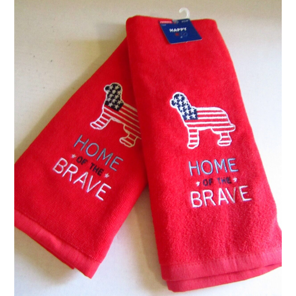 Patriotic Kitchen Dish Towels Red White and Blue American Embroidered Set of 2